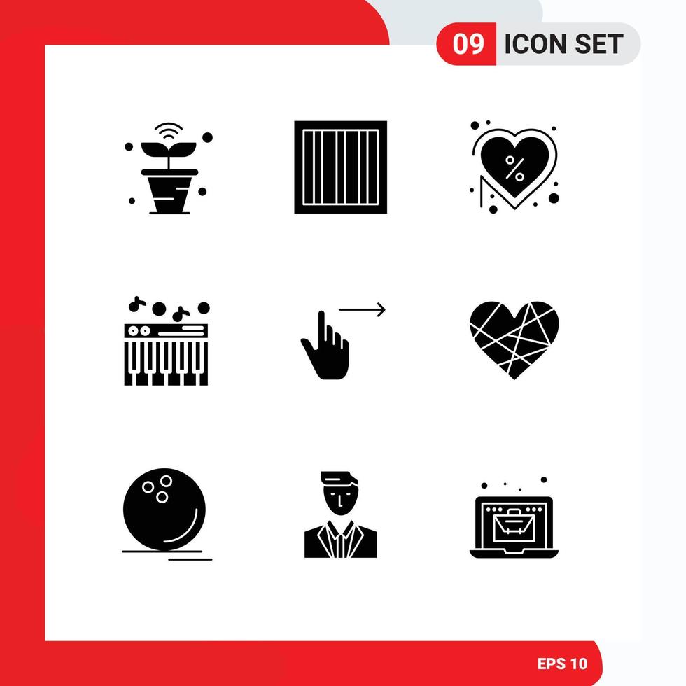 Modern Set of 9 Solid Glyphs and symbols such as gestures sound day piano offer Editable Vector Design Elements