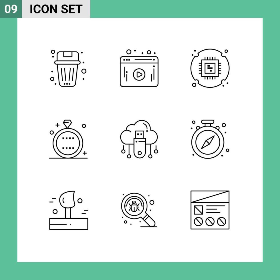 Mobile Interface Outline Set of 9 Pictograms of usb ring chip holiday celebration Editable Vector Design Elements