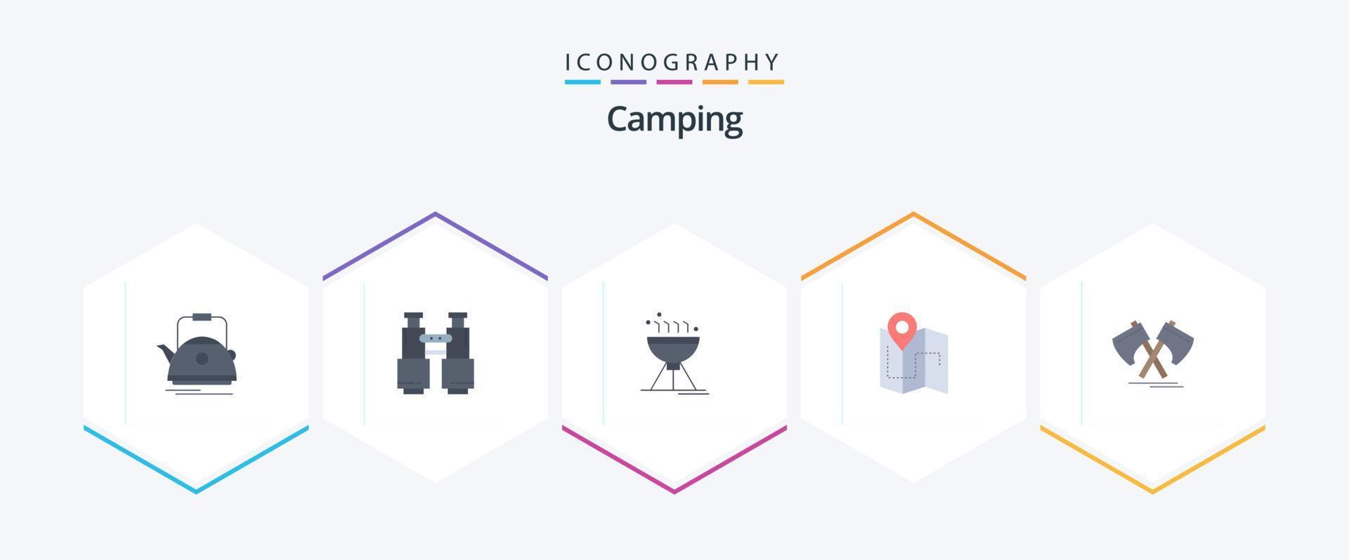 camping 25 paquete de iconos planos que incluye el plan. mapa. explorar. parrilla. cámping vector