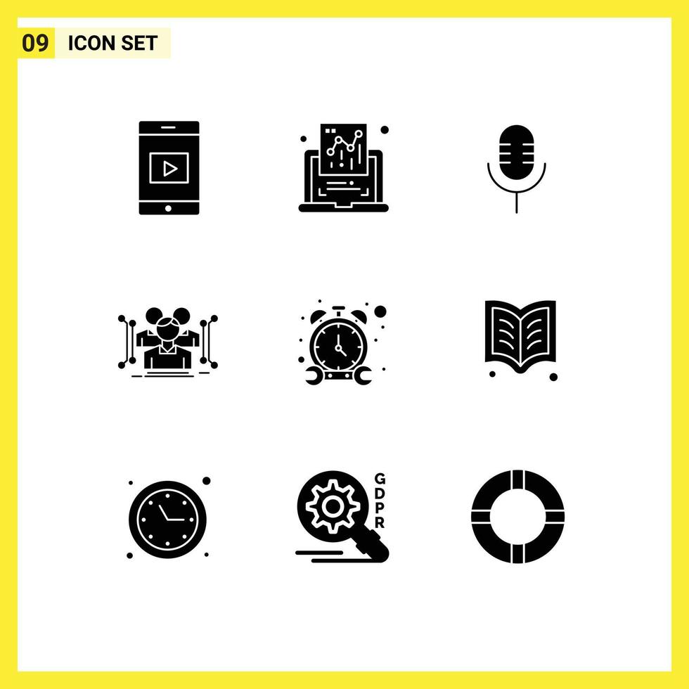 Mobile Interface Solid Glyph Set of 9 Pictograms of timer public microphone human body Editable Vector Design Elements