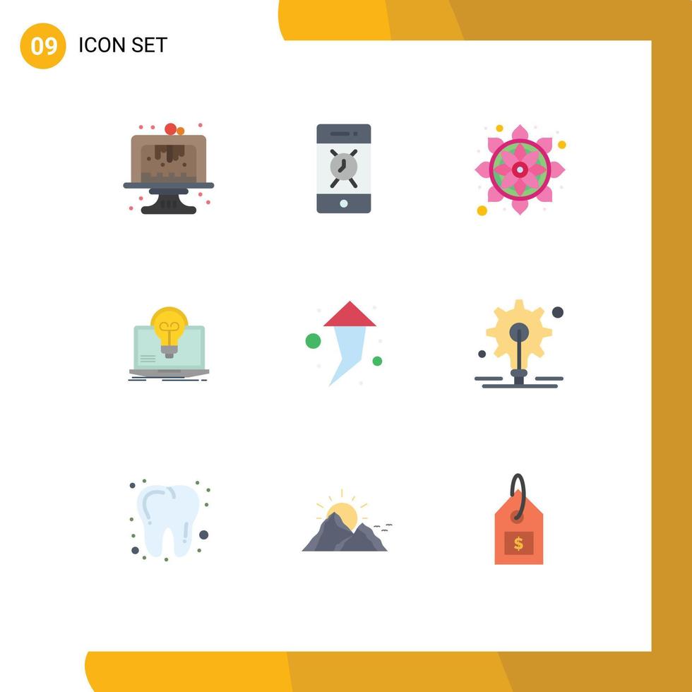 Modern Set of 9 Flat Colors Pictograph of arrow screen flower laptop bulb Editable Vector Design Elements