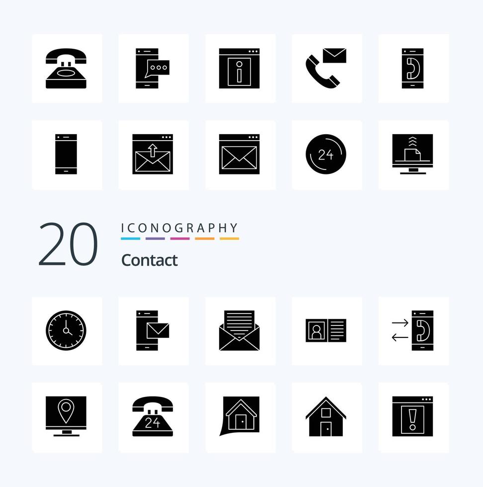 20 Contact Solid Glyph icon Pack like email communication contact us smart phone mobile vector