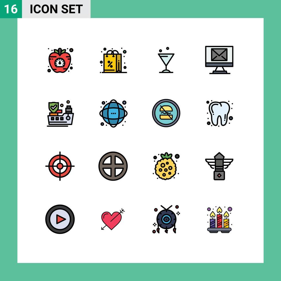 16 Universal Flat Color Filled Lines Set for Web and Mobile Applications protection ship shopping new compose Editable Creative Vector Design Elements