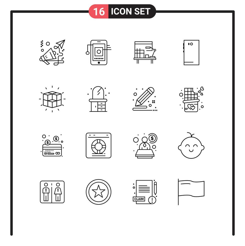 conjunto moderno de 16 contornos y símbolos, como el lugar de trabajo de la cámara de caja, los elementos de diseño vectorial editables del teléfono Android vector