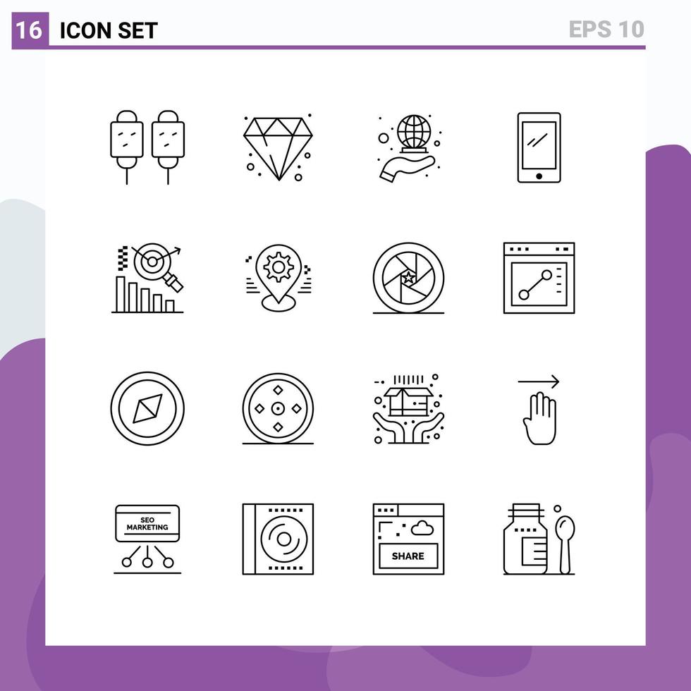 16 User Interface Outline Pack of modern Signs and Symbols of business android coverage mobile phone Editable Vector Design Elements