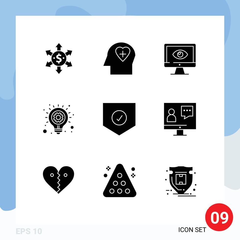 9 Solid Glyph concept for Websites Mobile and Apps protect business idea privacy light bulb Editable Vector Design Elements