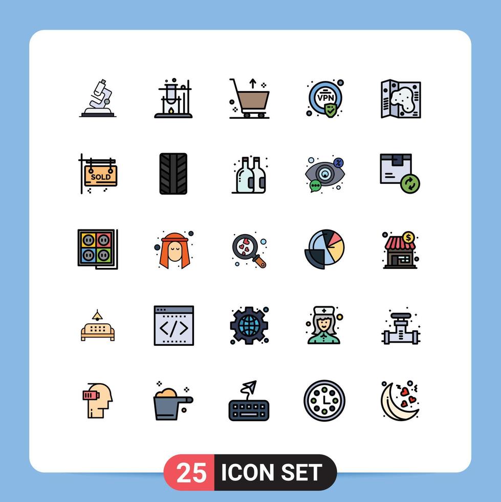 Mobile Interface Filled line Flat Color Set of 25 Pictograms of garden location commerce map security Editable Vector Design Elements