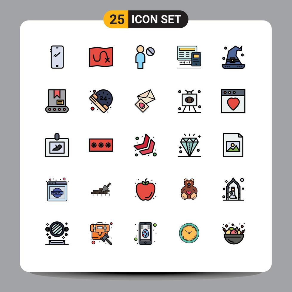 Pack of 25 Modern Filled line Flat Colors Signs and Symbols for Web Print Media such as magic had user calculatre monitor Editable Vector Design Elements