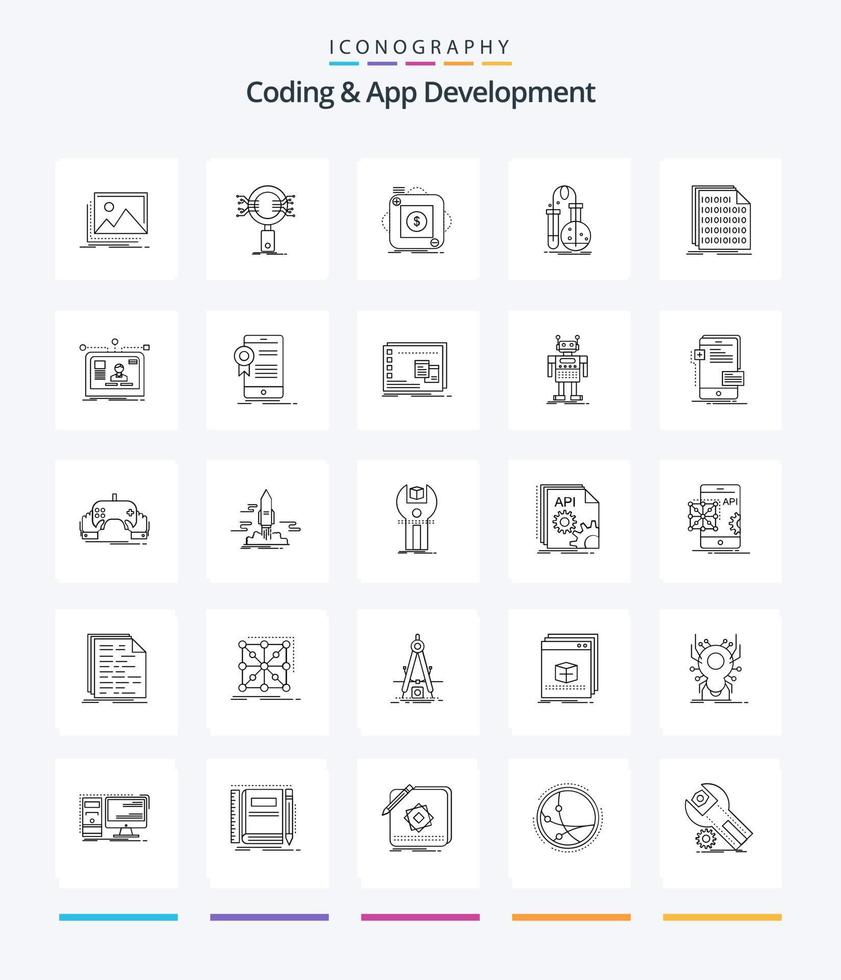 Creative Coding And App Development 25 OutLine icon pack  Such As flask. testing. research. mobile. app vector