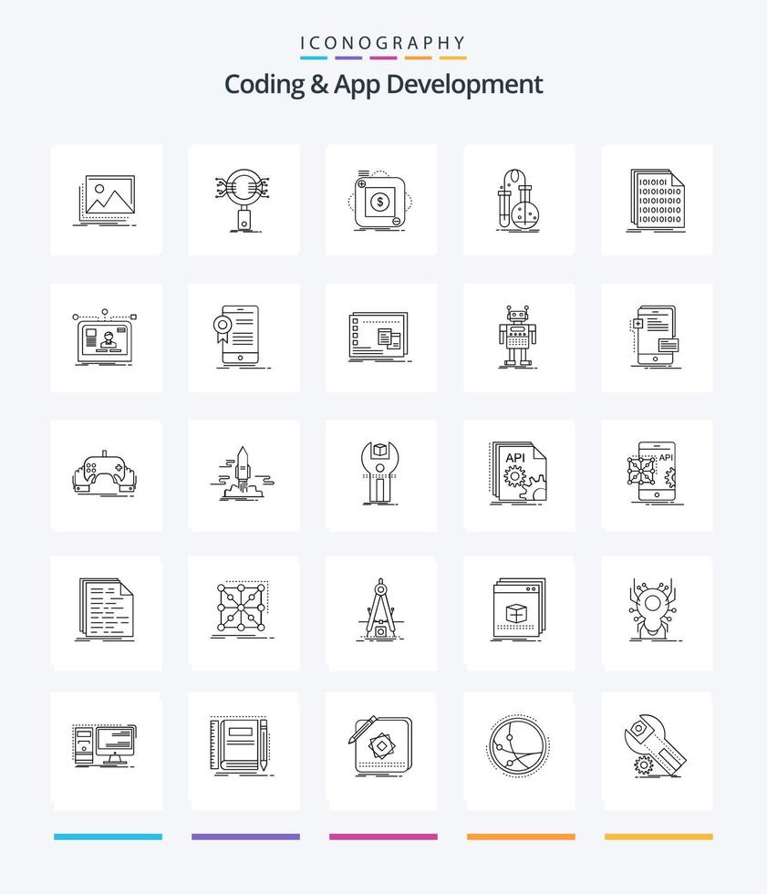 codificación creativa y desarrollo de aplicaciones 25 paquete de iconos de esquema como matraz. pruebas. investigar. móvil. aplicación vector