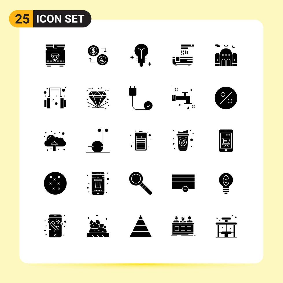 Solid Glyph Pack of 25 Universal Symbols of shower bathroom finance bath light Editable Vector Design Elements