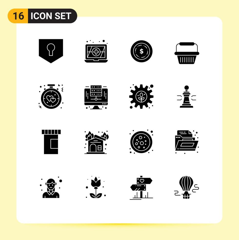 16 Universal Solid Glyphs Set for Web and Mobile Applications computer love basket alarm clock Editable Vector Design Elements