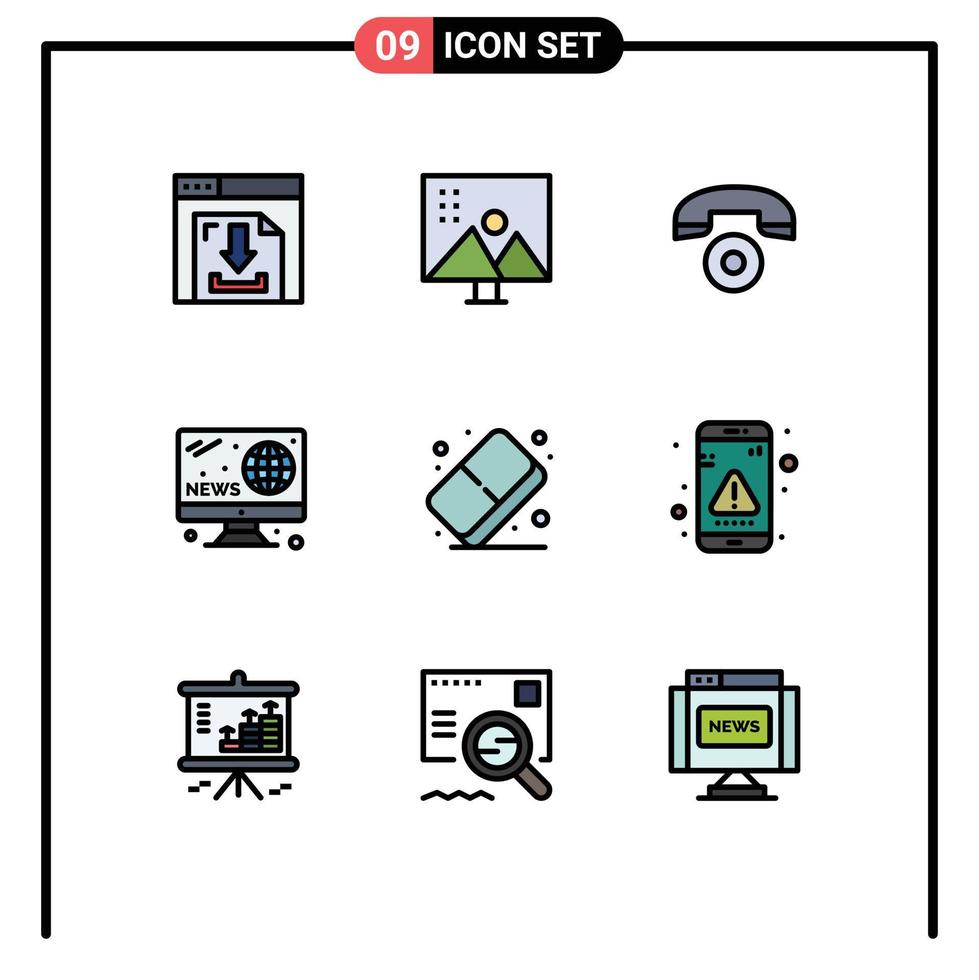 9 Thematic Vector Filledline Flat Colors and Editable Symbols of arts screen photo retouching news hobbies Editable Vector Design Elements