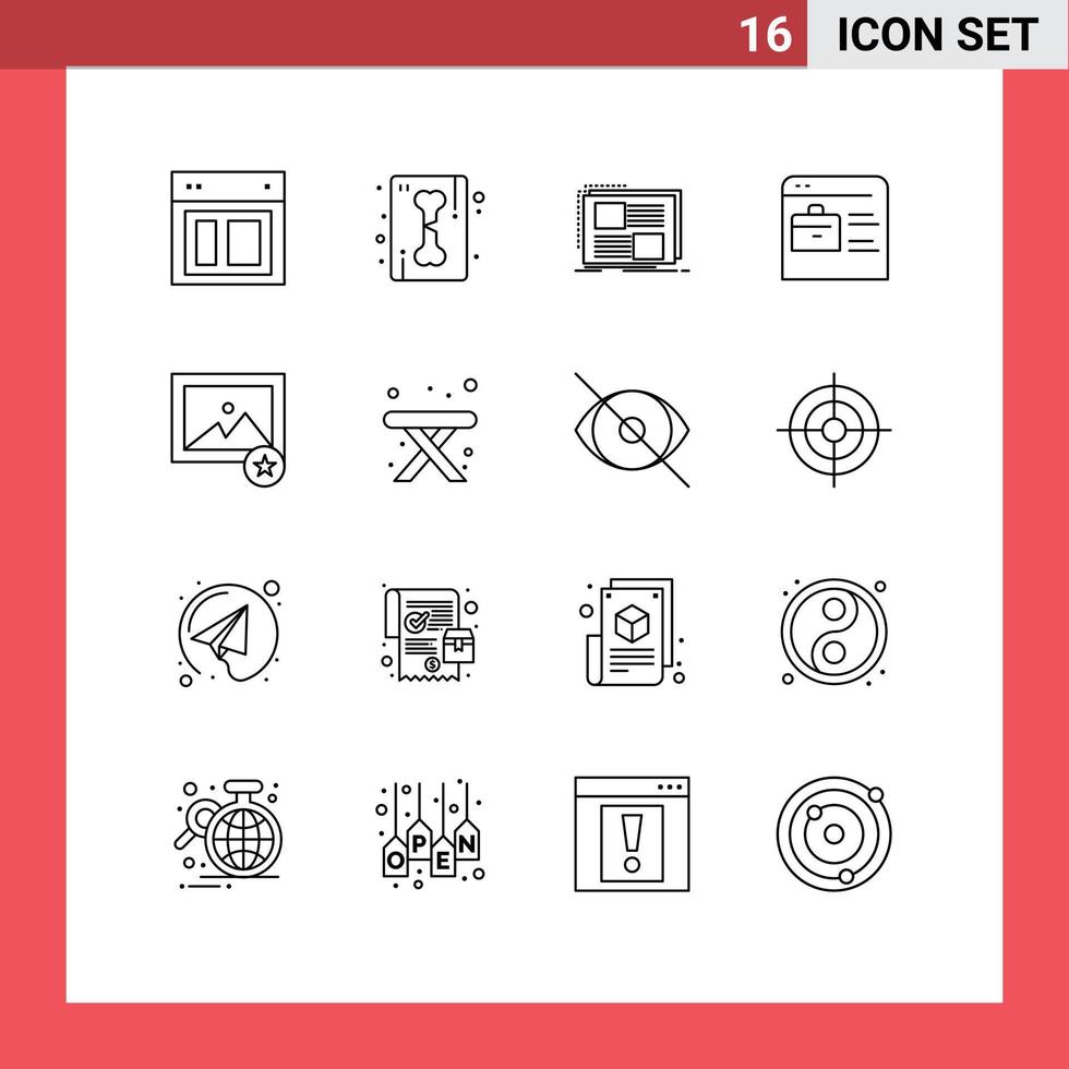 Modern Set of 16 Outlines and symbols such as online portfolio find job skeletonxC ray bag page Editable Vector Design Elements