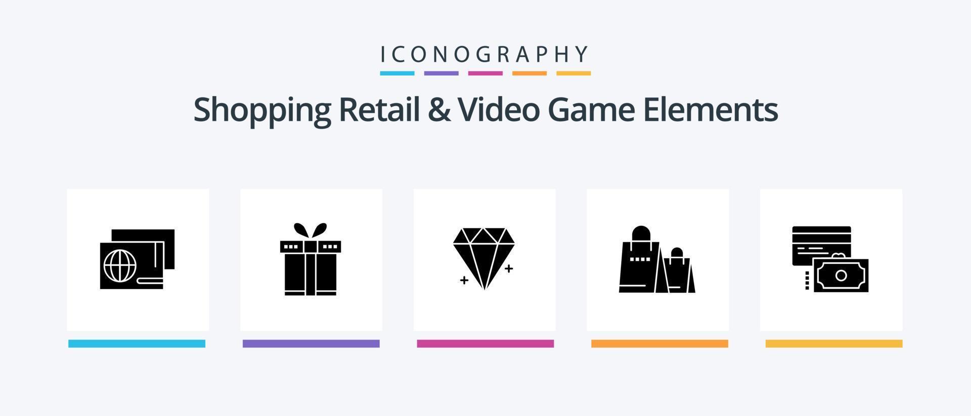 Shoping Retail And Video Game Elements Glyph 5 Icon Pack Including credit. shop. diamond. shopping. bag. Creative Icons Design vector
