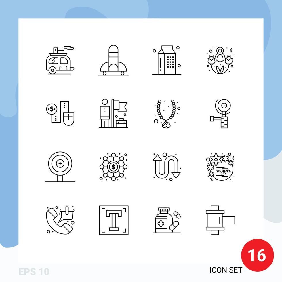 Modern Set of 16 Outlines and symbols such as mouse happy space eight march meal Editable Vector Design Elements