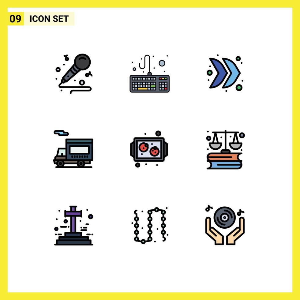 User Interface Pack of 9 Basic Filledline Flat Colors of cooking baking direction vehicle truck Editable Vector Design Elements