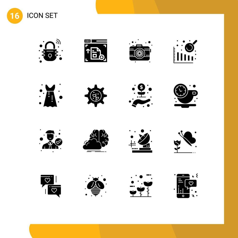 Group of 16 Modern Solid Glyphs Set for gear party dress photo frock data analysis Editable Vector Design Elements