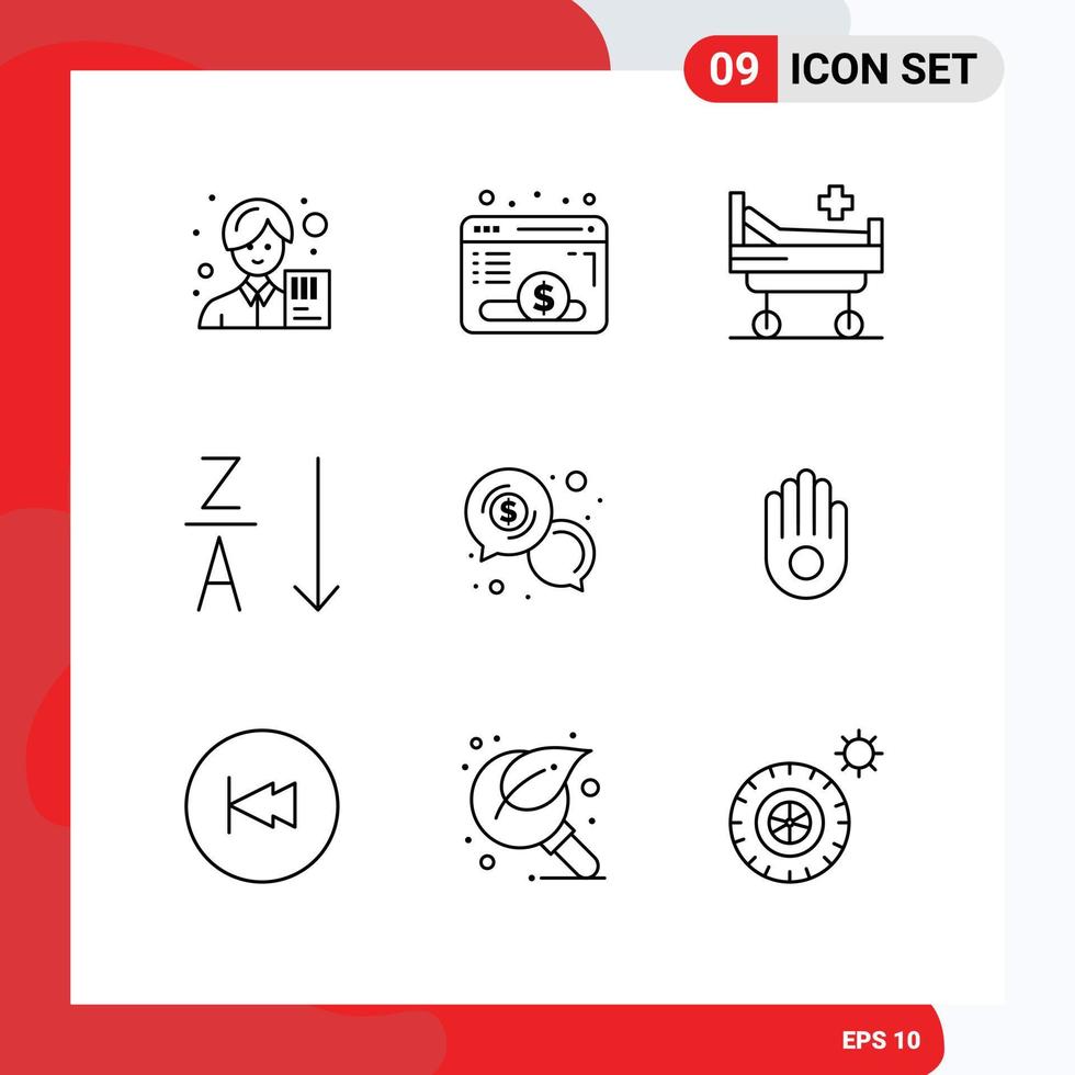 Set of 9 Vector Outlines on Grid for chat business fund sort alphabetical Editable Vector Design Elements