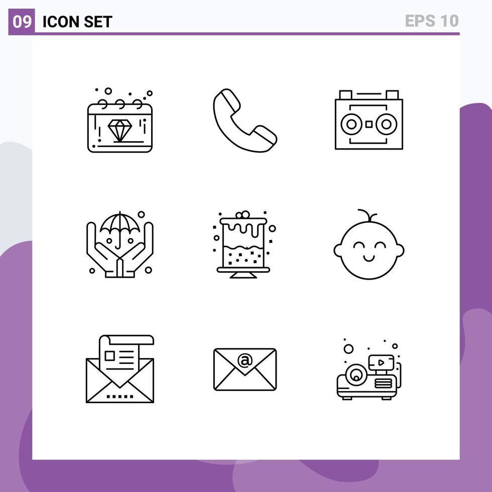 Universal Icon Symbols Group of 9 Modern Outlines of candle safe audio recording insurance sound recording Editable Vector Design Elements