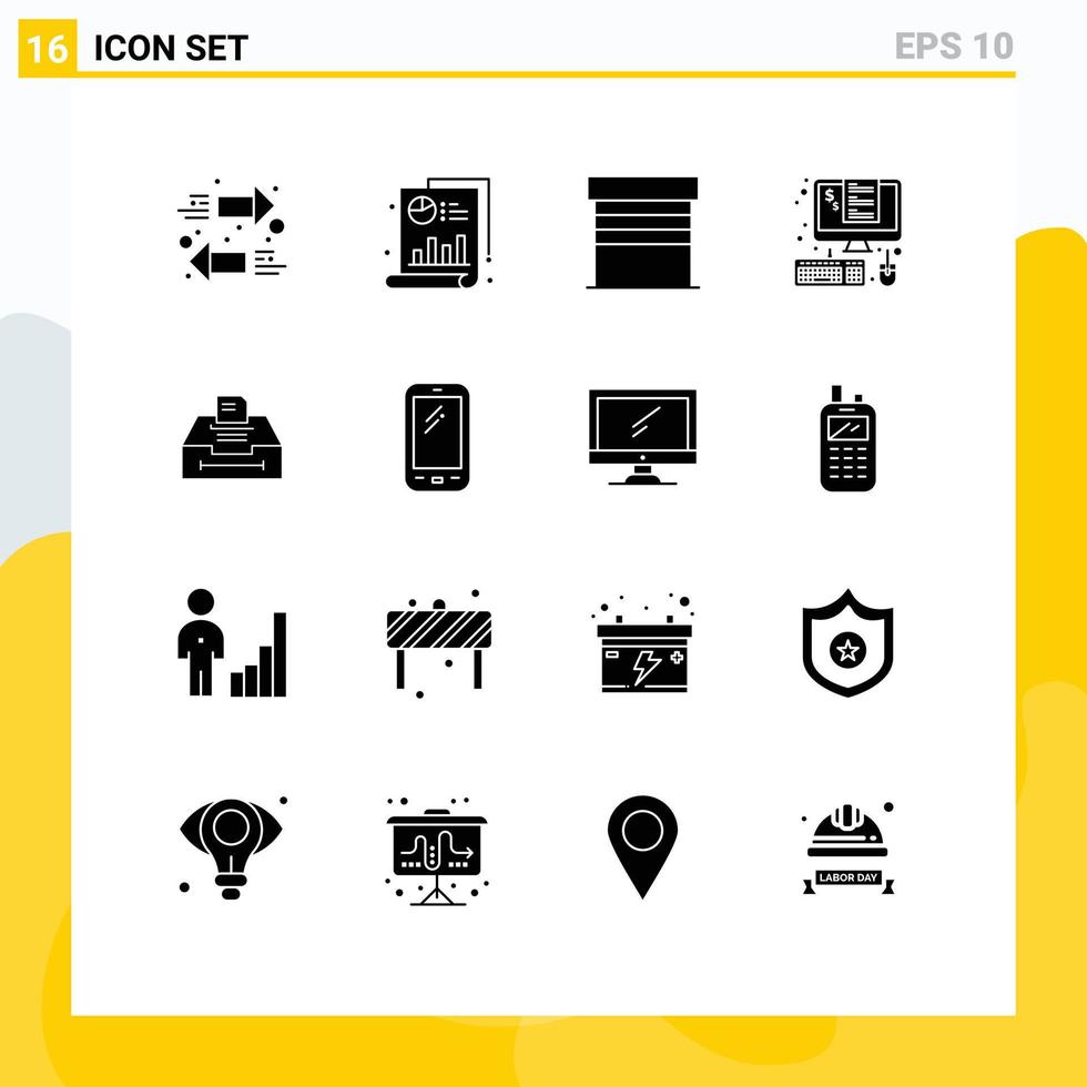 Modern Set of 16 Solid Glyphs Pictograph of archive taxes buildings percent invoice Editable Vector Design Elements