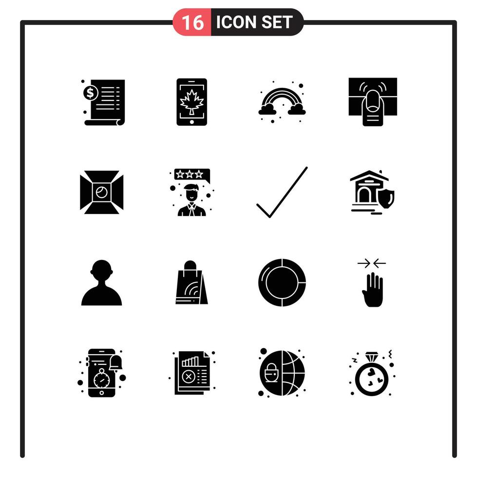 Pack of 16 creative Solid Glyphs of highlight touch cloud one finger Editable Vector Design Elements