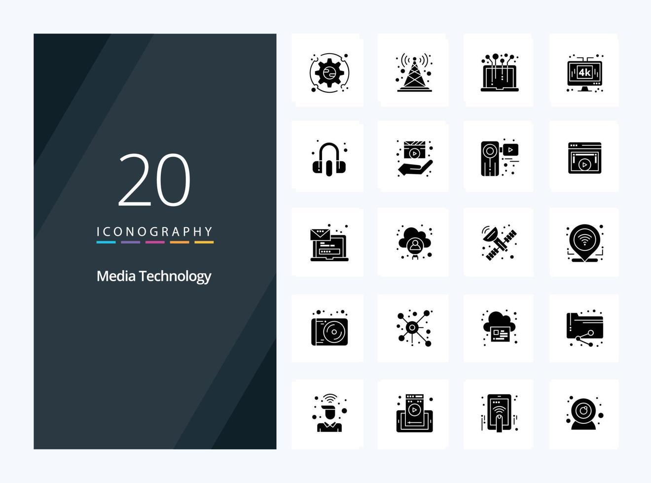 20 Media Technology Solid Glyph icon for presentation vector