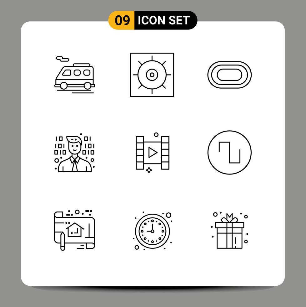 Mobile Interface Outline Set of 9 Pictograms of square film racetrack play programming Editable Vector Design Elements