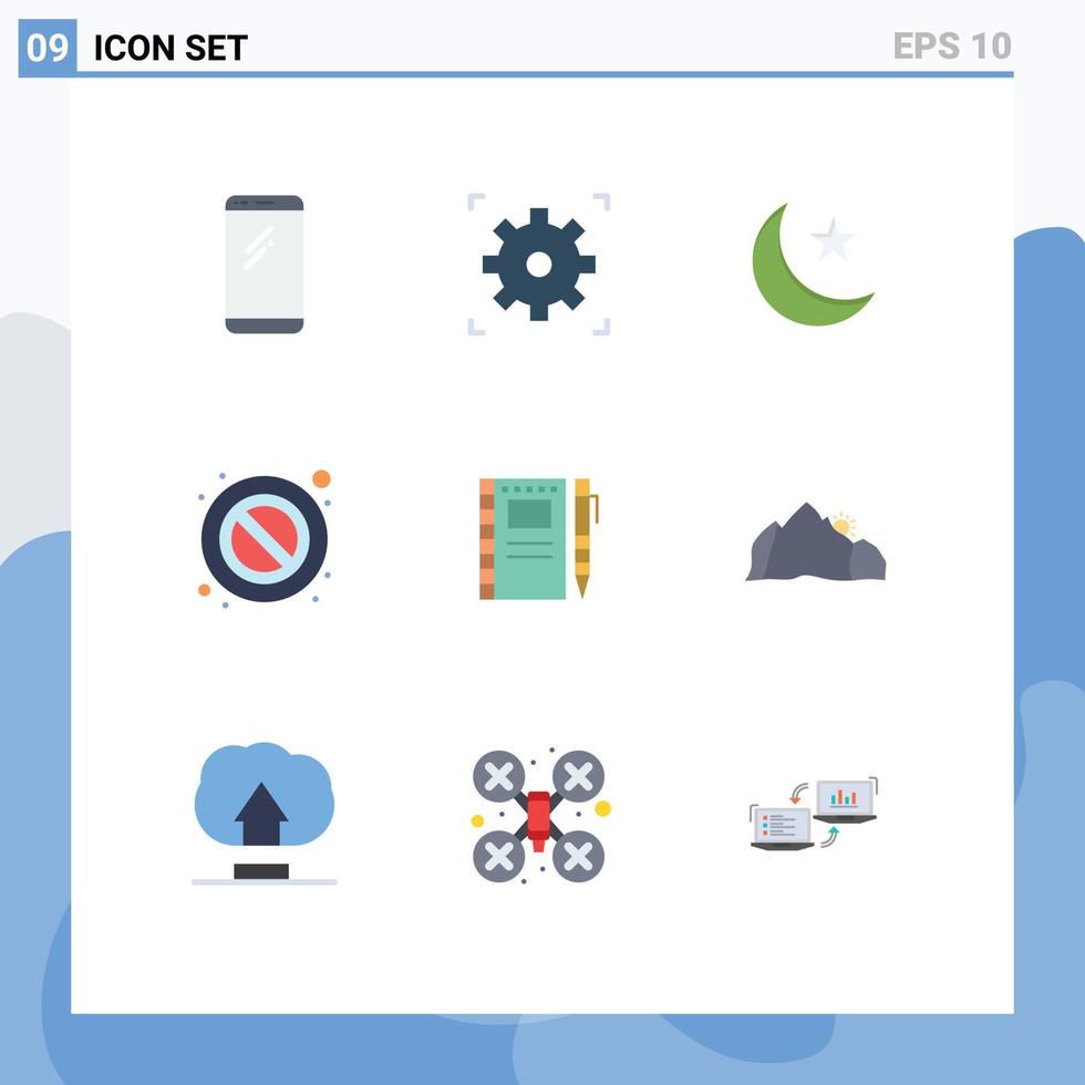 9 Universal Flat Color Signs Symbols of notebook sketch notebook moon warning forbidden Editable Vector Design Elements