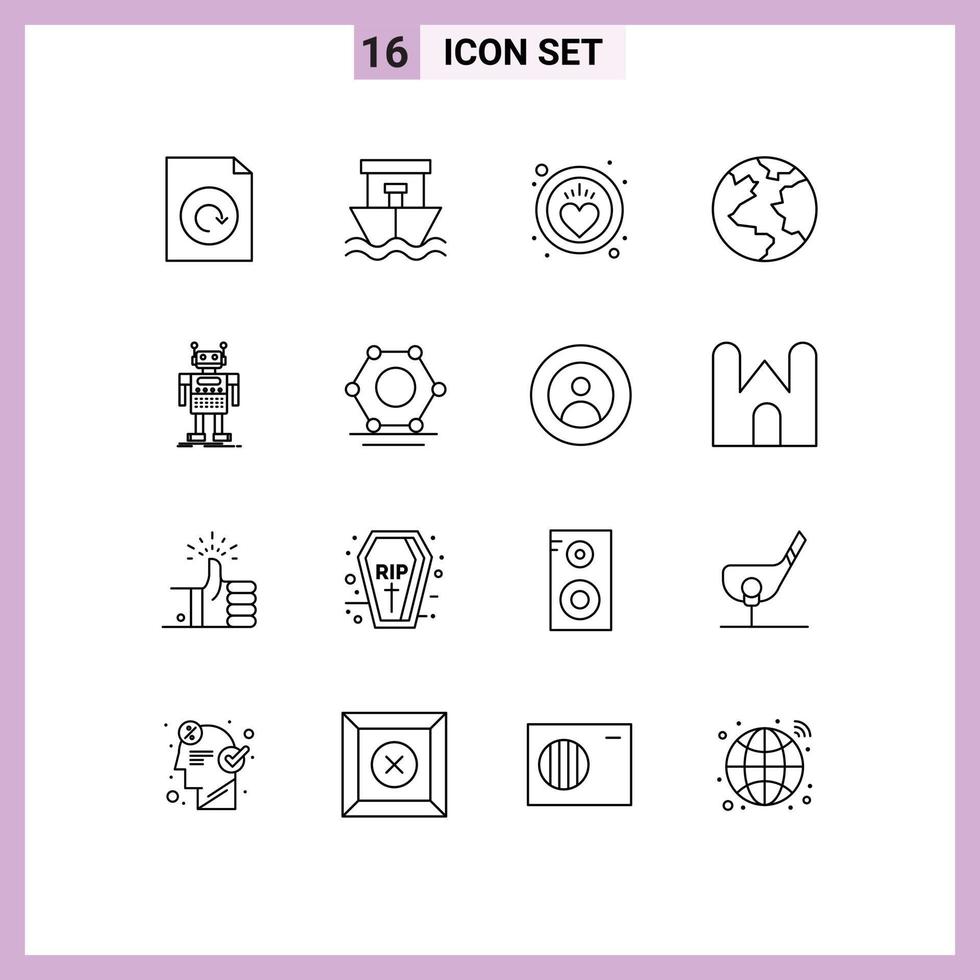 16 Universal Outline Signs Symbols of technology artificial heart android world Editable Vector Design Elements