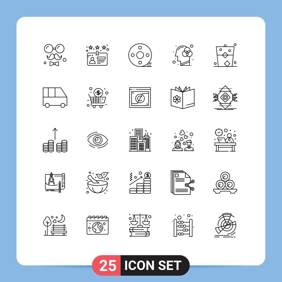 25 Creative Icons Modern Signs and Symbols of alcohol innovation action clapper human mind filmmaking Editable Vector Design Elements