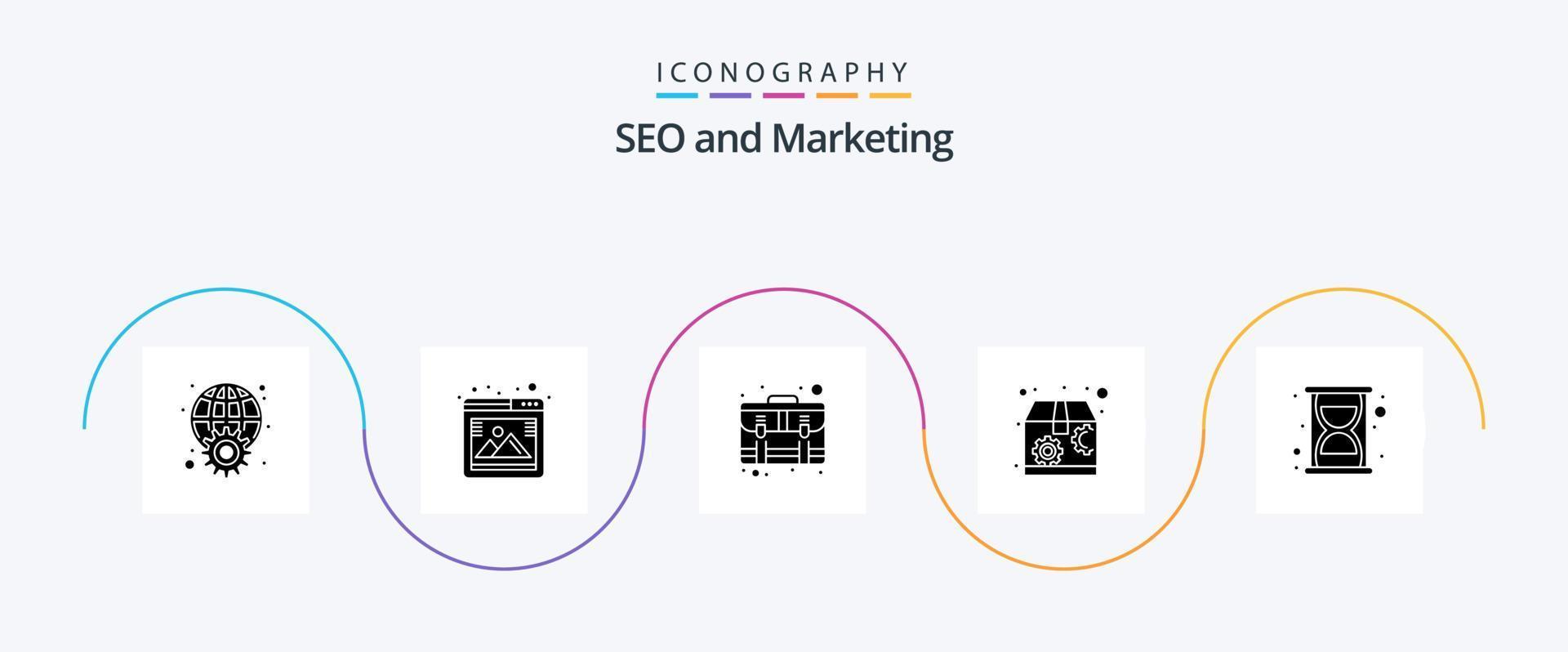 Seo Glyph 5 Icon Pack Including efficiency. package. browser. marketing. suitcase vector