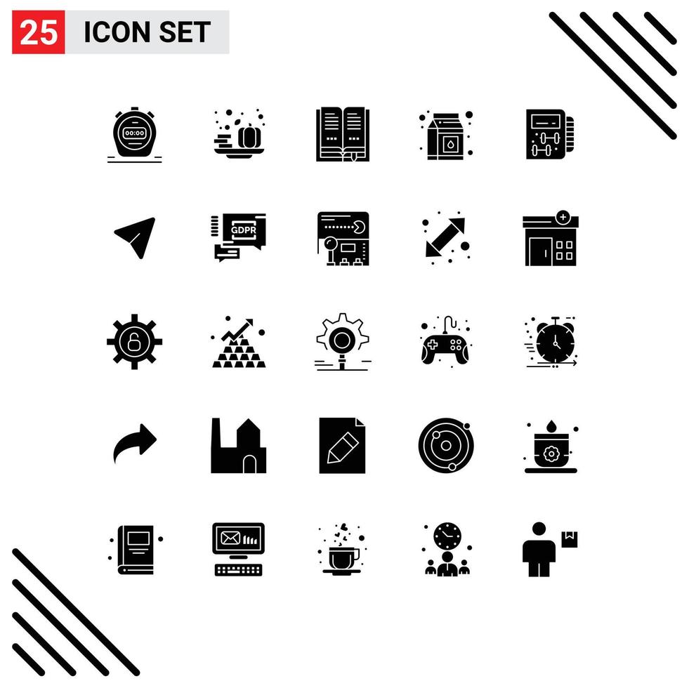 Pictogram Set of 25 Simple Solid Glyphs of arrow healthy education gym pack Editable Vector Design Elements