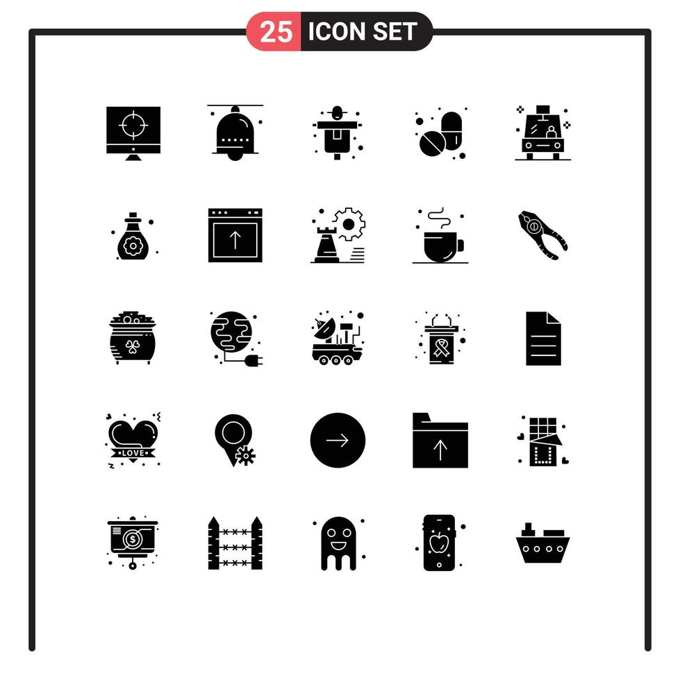 Set of 25 Commercial Solid Glyphs pack for transport tablet ring pills scarecrow Editable Vector Design Elements