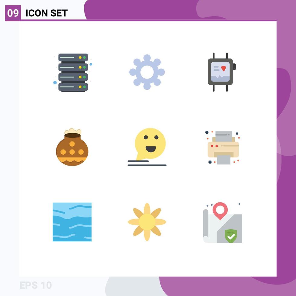 User Interface Pack of 9 Basic Flat Colors of comment bubble monitor festival water Editable Vector Design Elements
