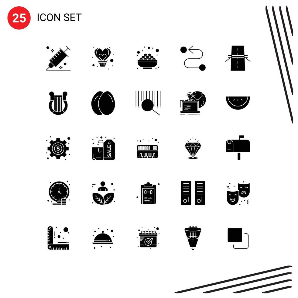 Modern Set of 25 Solid Glyphs Pictograph of bridge road heart destination sugar Editable Vector Design Elements
