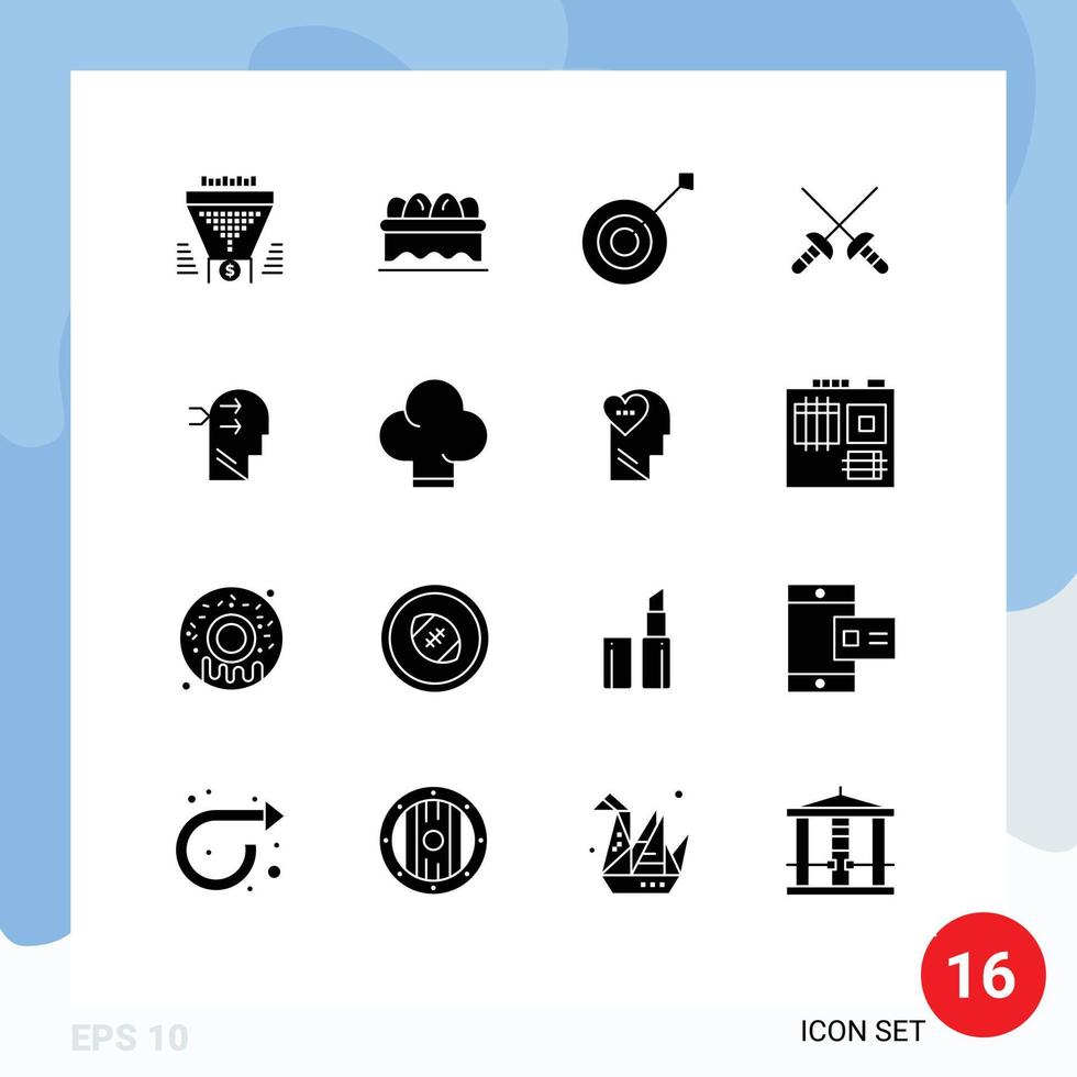 Group of 16 Modern Solid Glyphs Set for brian mental chang archery sport fencing Editable Vector Design Elements
