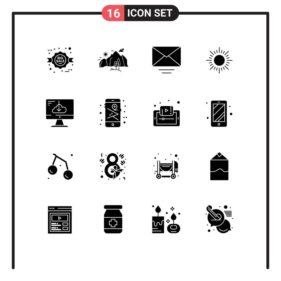 Set of 16 Commercial Solid Glyphs pack for driver cloud tree sunset sun Editable Vector Design Elements