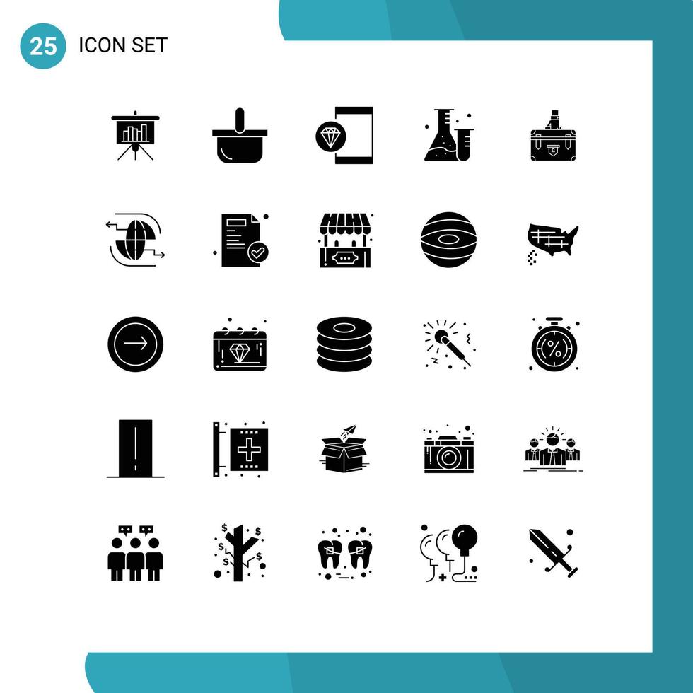 Pictogram Set of 25 Simple Solid Glyphs of suitcase lab app tube programming Editable Vector Design Elements