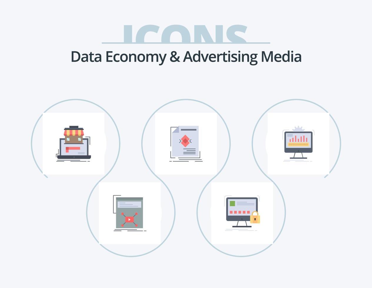Data Economy And Advertising Media Flat Icon Pack 5 Icon Design. advertisement. online market. safety. data. marketplace vector