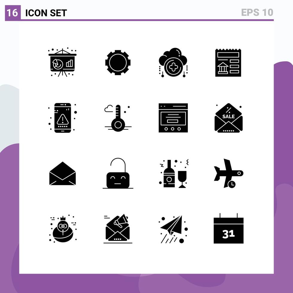 16 Universal Solid Glyph Signs Symbols of interaction app add bank document Editable Vector Design Elements