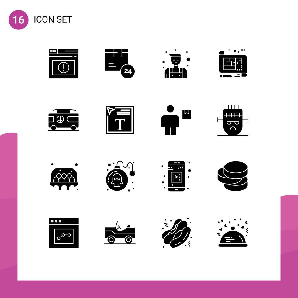 Mobile Interface Solid Glyph Set of 16 Pictograms of combo floor time design architecture Editable Vector Design Elements