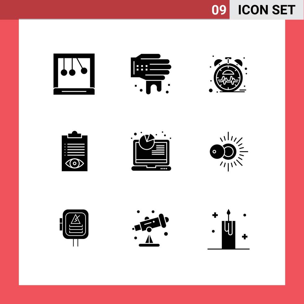 paquete de 9 signos y símbolos de glifos sólidos modernos para medios de impresión web como elementos de diseño de vectores editables de trabajo de lista de pulso de análisis seo