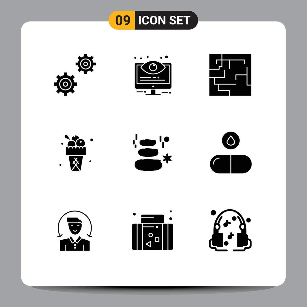 Group of 9 Solid Glyphs Signs and Symbols for spa natural labyrinth summer meal Editable Vector Design Elements