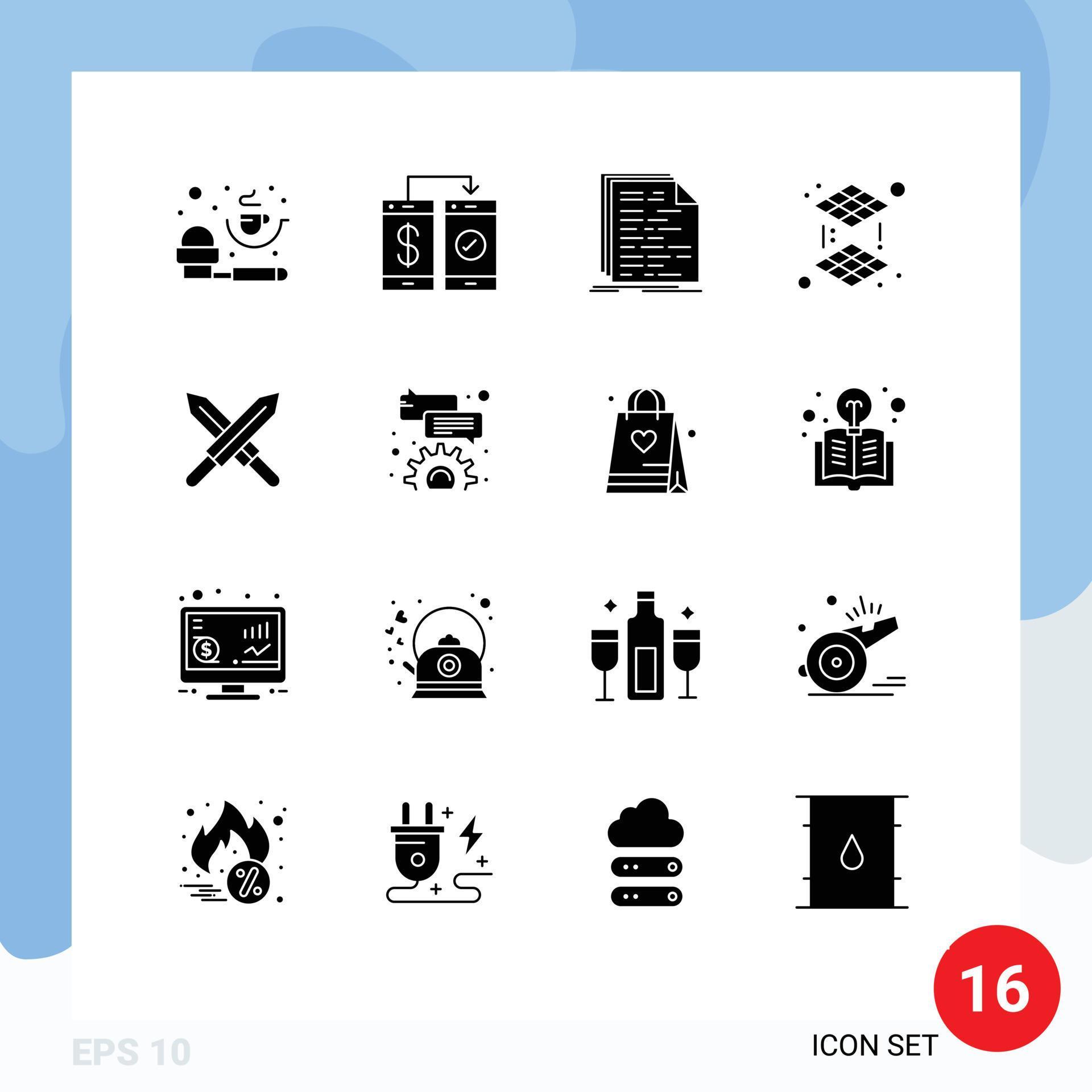 Set of 16 Modern UI Icons Symbols Signs for sword printing wallet cube ...