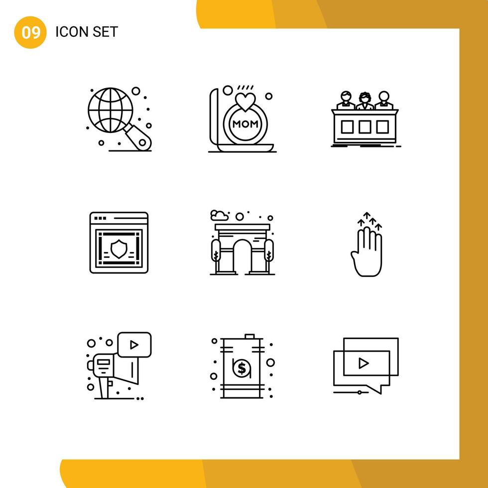 Pictogram Set of 9 Simple Outlines of architecture security contest protection network Editable Vector Design Elements