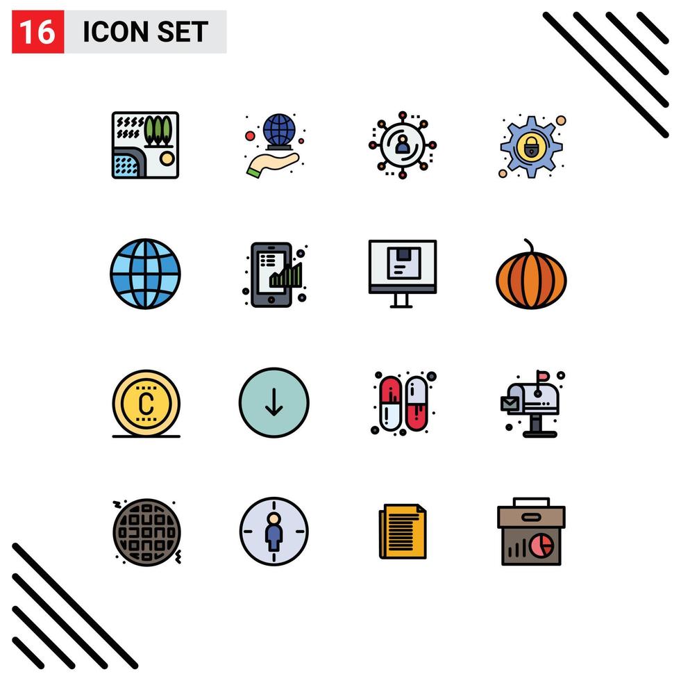 Universal Icon Symbols Group of 16 Modern Flat Color Filled Lines of globe setting marketing security cyber crime Editable Creative Vector Design Elements