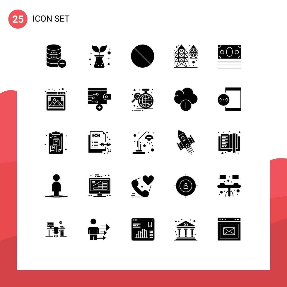 User Interface Pack of 25 Basic Solid Glyphs of online ecommerce cancel supply power Editable Vector Design Elements