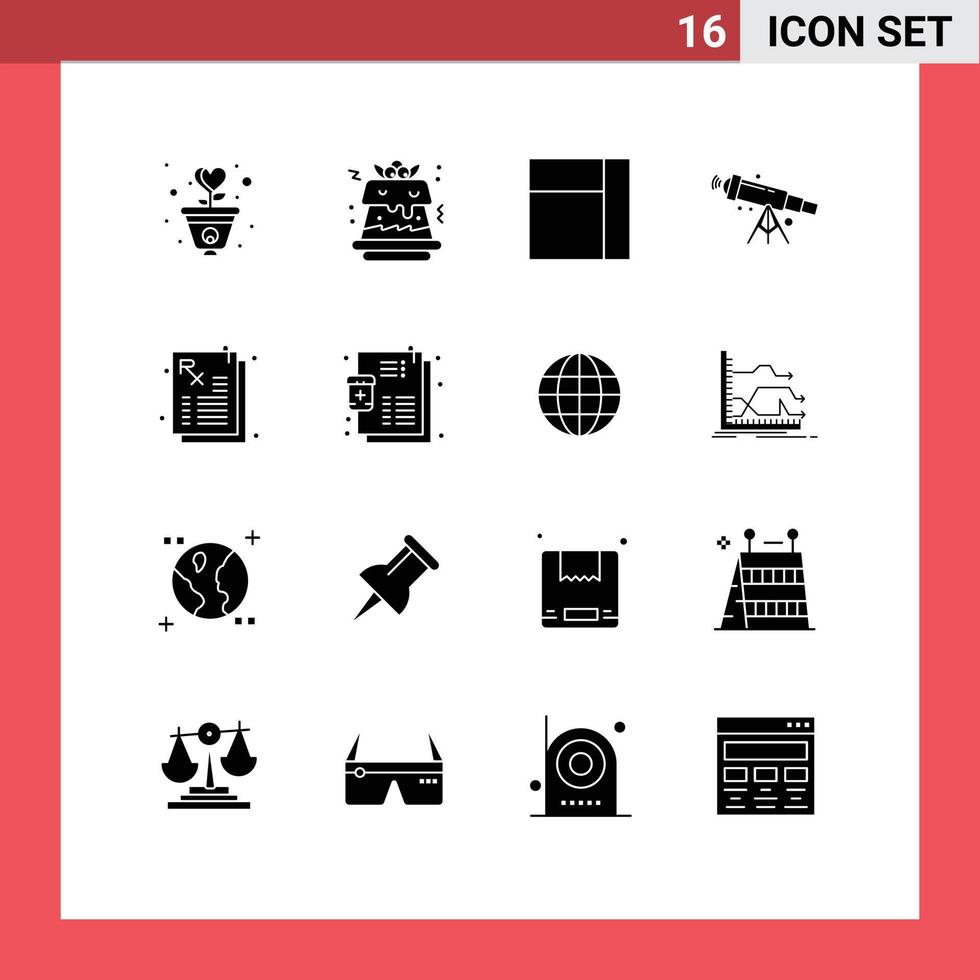 User Interface Pack of 16 Basic Solid Glyphs of prescription medicine grid zoom space Editable Vector Design Elements