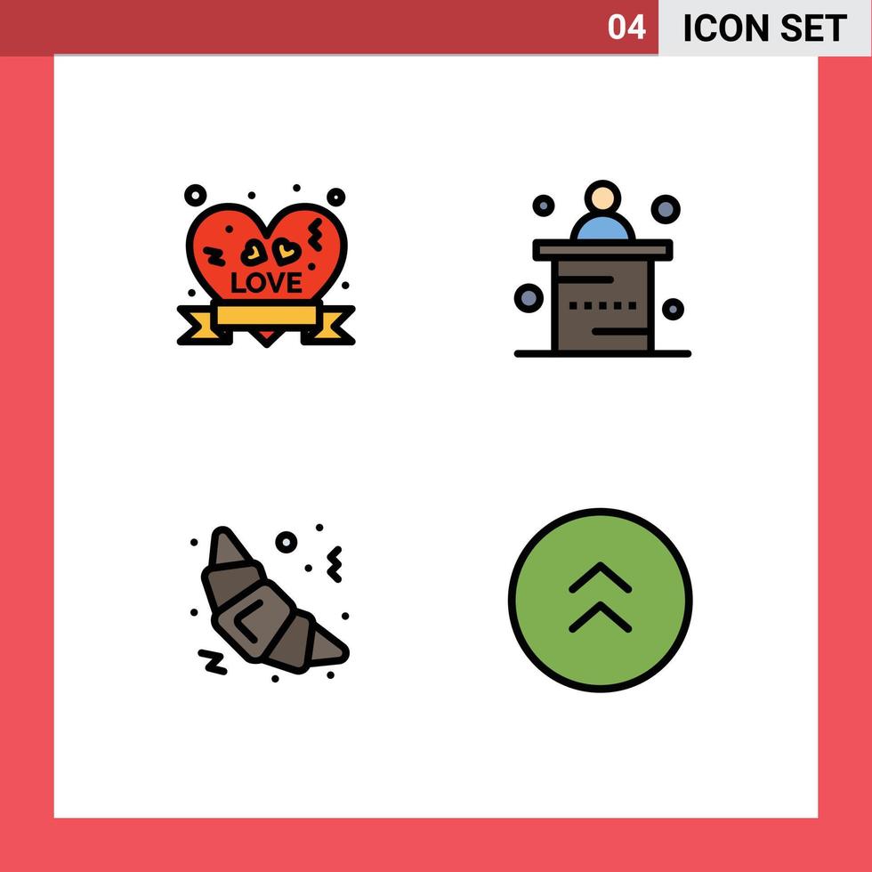 Pack of 4 Modern Filledline Flat Colors Signs and Symbols for Web Print Media such as heart badge fast food ribbon badge office arrows Editable Vector Design Elements
